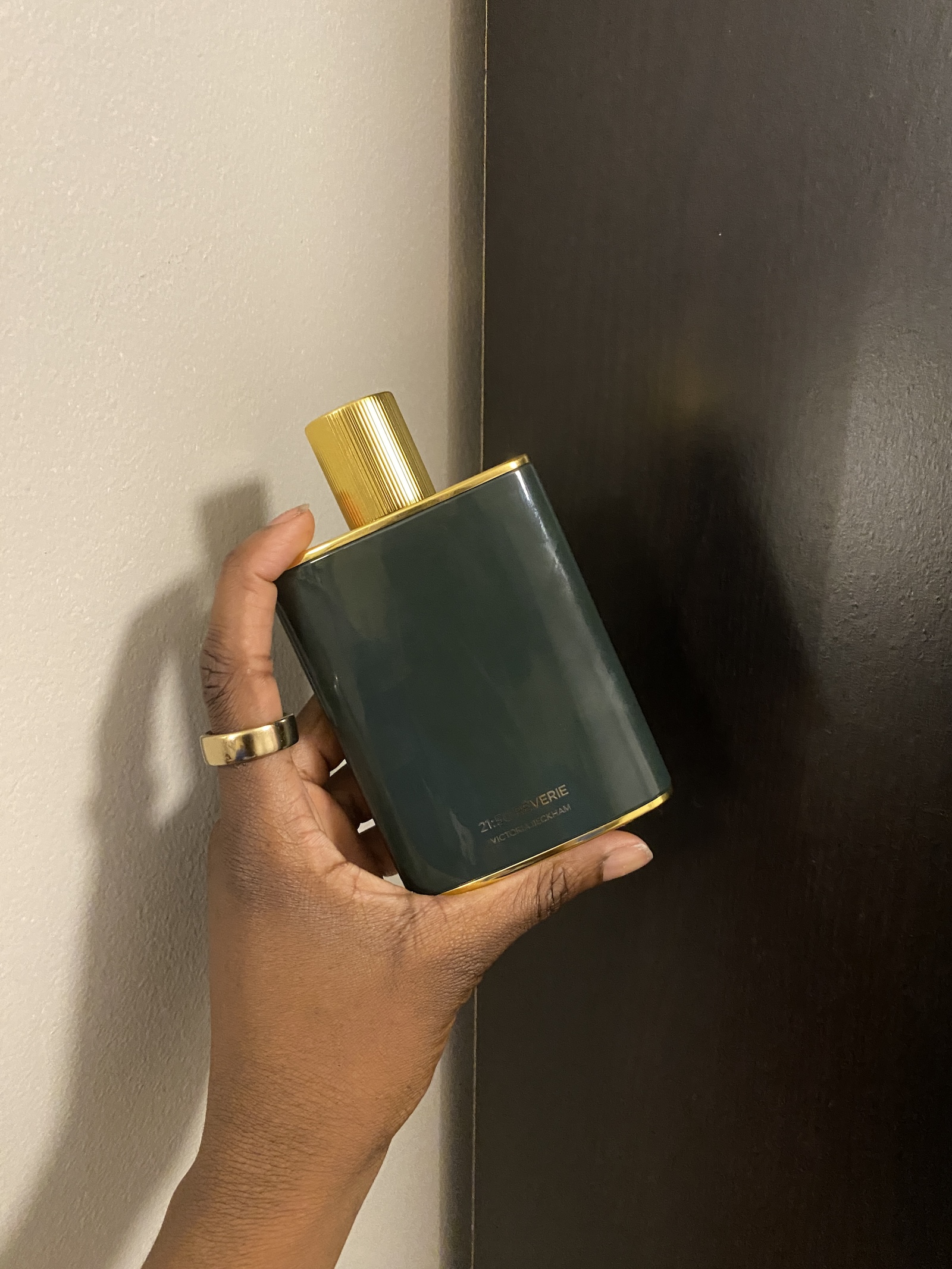 Ama Kwarteng testing Victoria Beckham perfume.