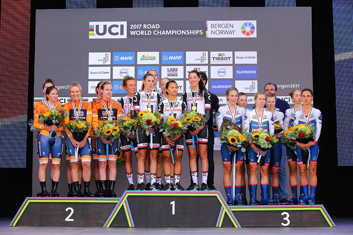 Team Sunweb on the podium with Boels Dolmans and Cervelo Bigla