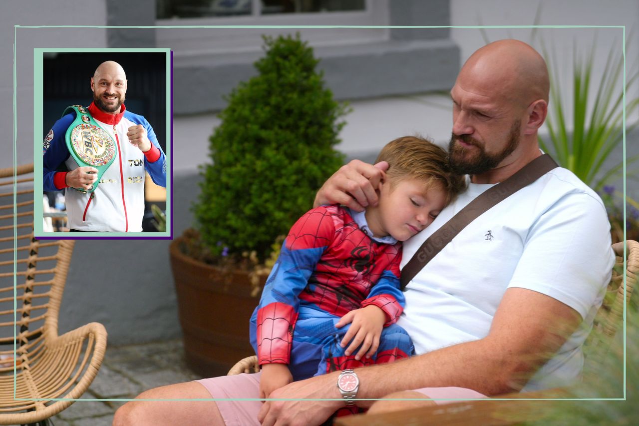 Tyson Fury drop in and main image of Tyson Fury cradling his son who is wearing a spider man outfit