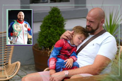 Tyson Fury drop in and main image of Tyson Fury cradling his son who is wearing a spider man outfit