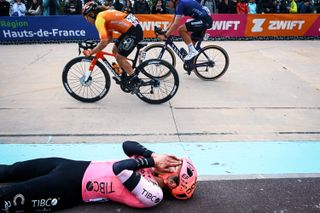 ROUBAIX, FRANCE - APRIL 08: Race winner Alison Jackson of Canada and Team EF Education-Tibco-Svb reacts after the 3rd Paris-Roubaix Femmes 2023 a 145.4km one day race from Denain to Roubaix / #UCIWWT / on April 08, 2023 in Roubaix, France. (Photo by Tim de Waele/Getty Images)