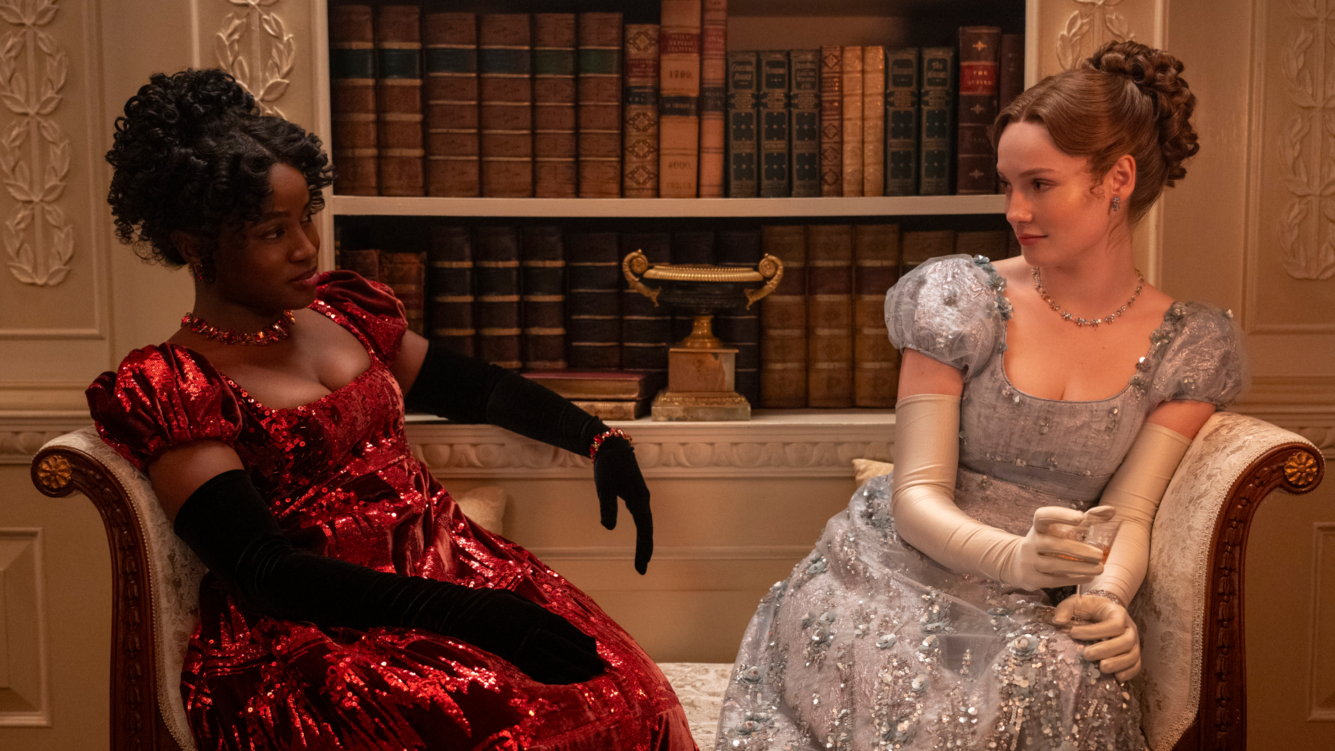 Masali Baduza as Michaela, Hannah Dodd as Francesca Bridgerton in episode 405 of 'Bridgerton.'