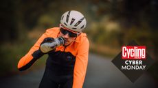 Male cyclist drinking an energy drink, and Cycling Weekly's Cyber Monday deals roundel