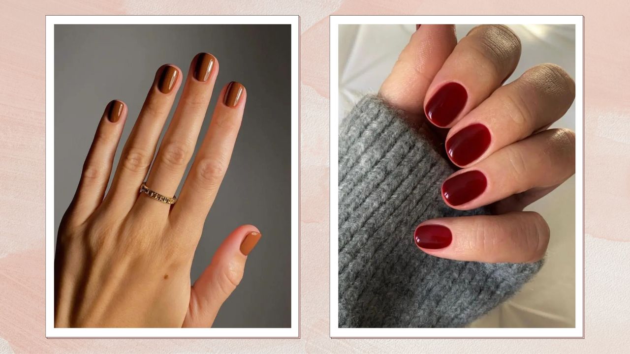 A close-up of a hand with brown short autumn nails by nail artist Mateja Novakovic/@matejanova/ alongside a picture of a hand with burgundy short nails by nail artist, Megan Rose @gel.bymegan - in a pink watercolour paint-style template