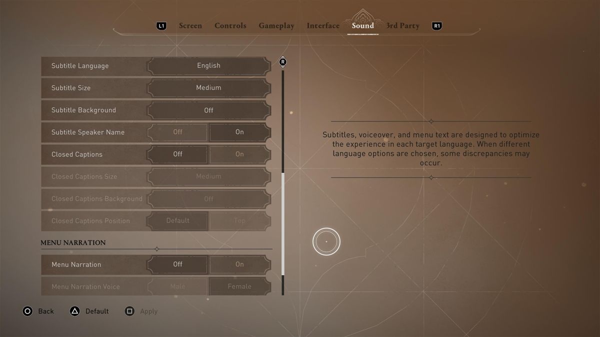Screenshots of menus from Assassin's Creed Mirage