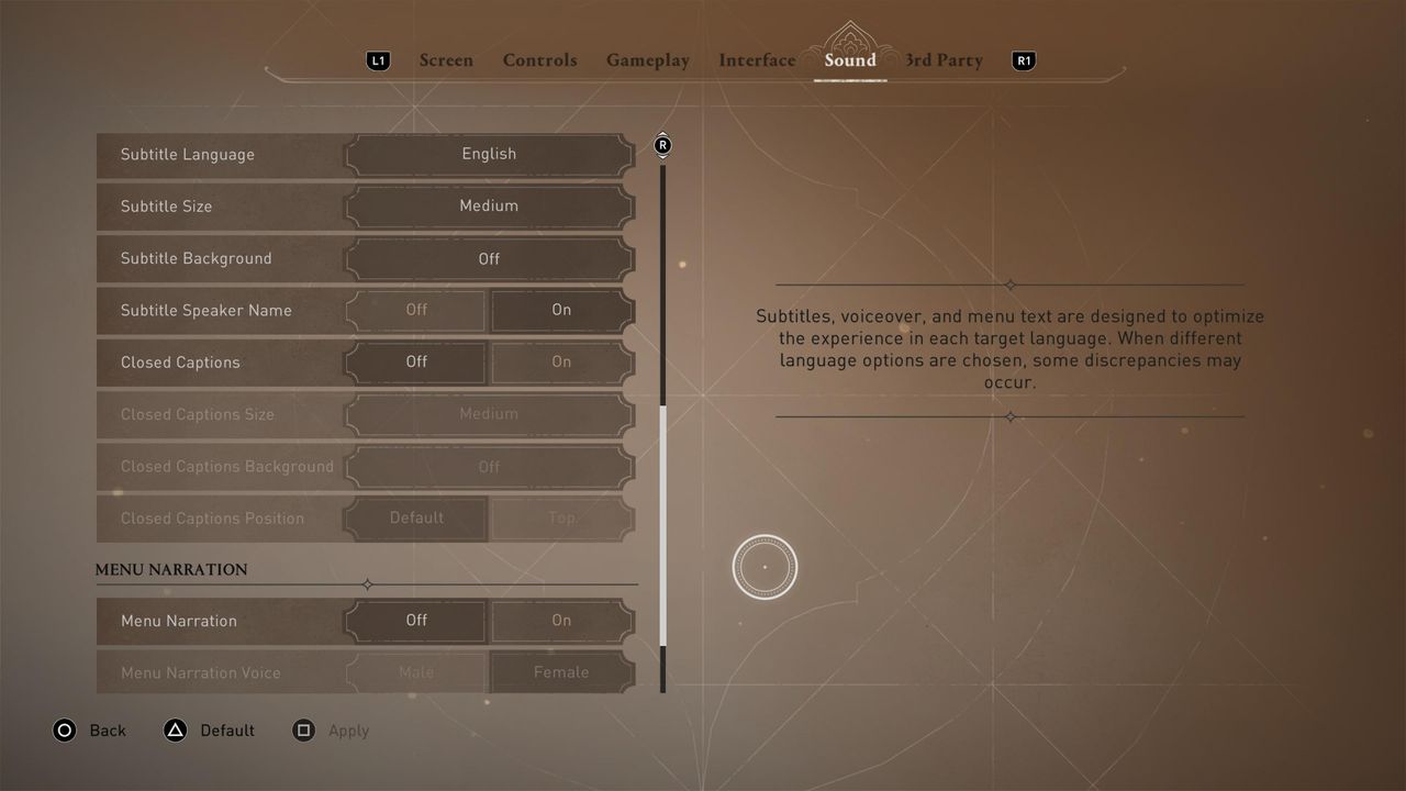Screenshots of menus from Assassin's Creed Mirage