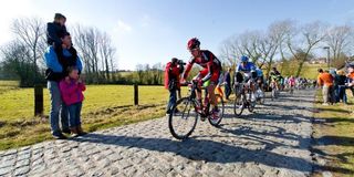Taylor Phinney (BMC) leads over the cobbles