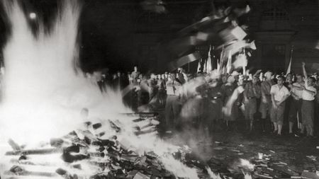 Bookburning at the Opernplatz in Berlin. During the campaign "against the un-German spirit" Dr. Josef Goebels speaks to members of student organisations. Photography. Germany. 1933.