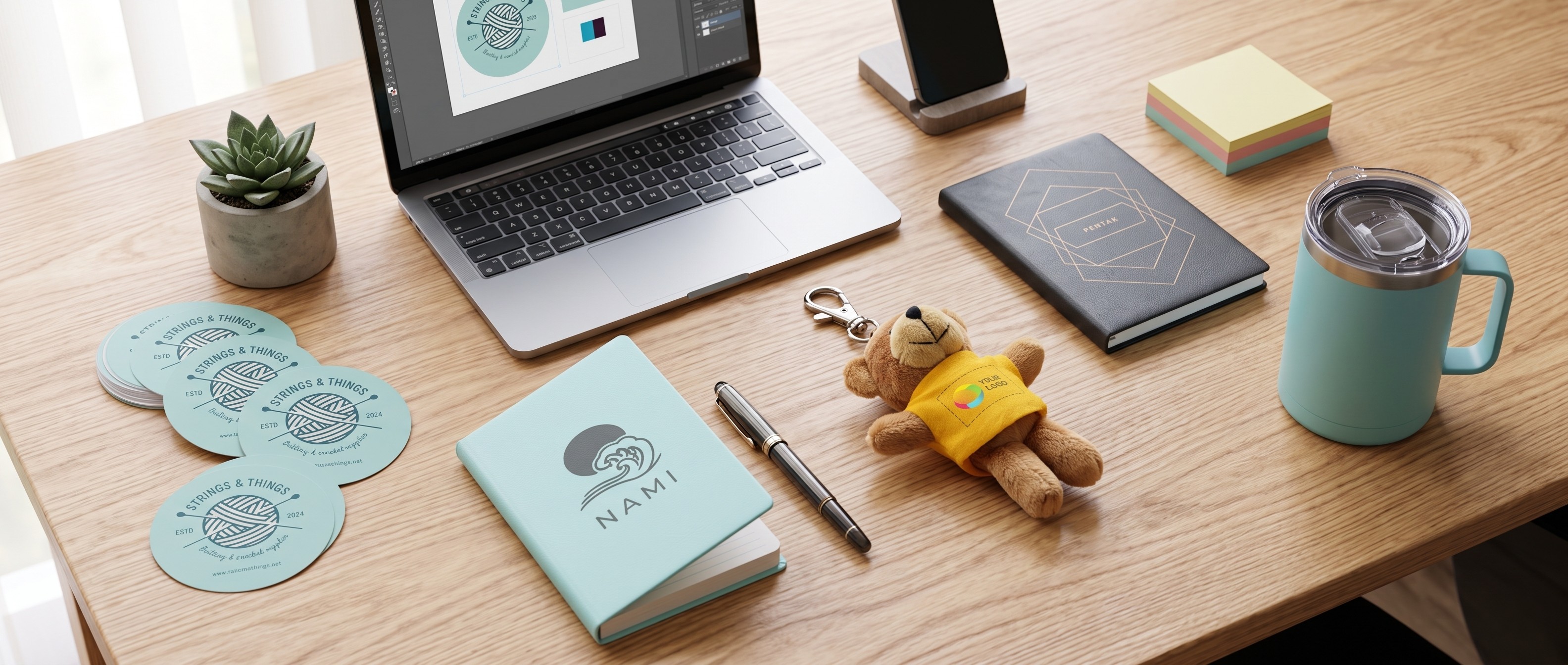 A selection of personalized gifts and marketing assets from VistaPrint on a desk in a brightly lit home office