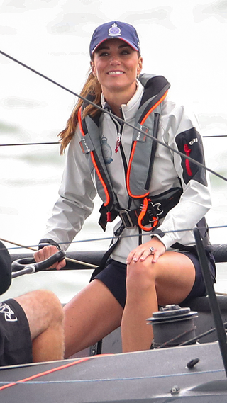 Catherine, Duchess of Cambridge at the helm competing on behalf of The Royal Foundation in the inaugural King’s Cup regatta hosted by the Duke and Duchess of Cambridge on August 08, 2019 in Cowes, England