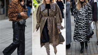 composite of street style shots of people wearing animal print clothing