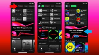 Three Spotify Wrapped 2024 screens on a pink and red background