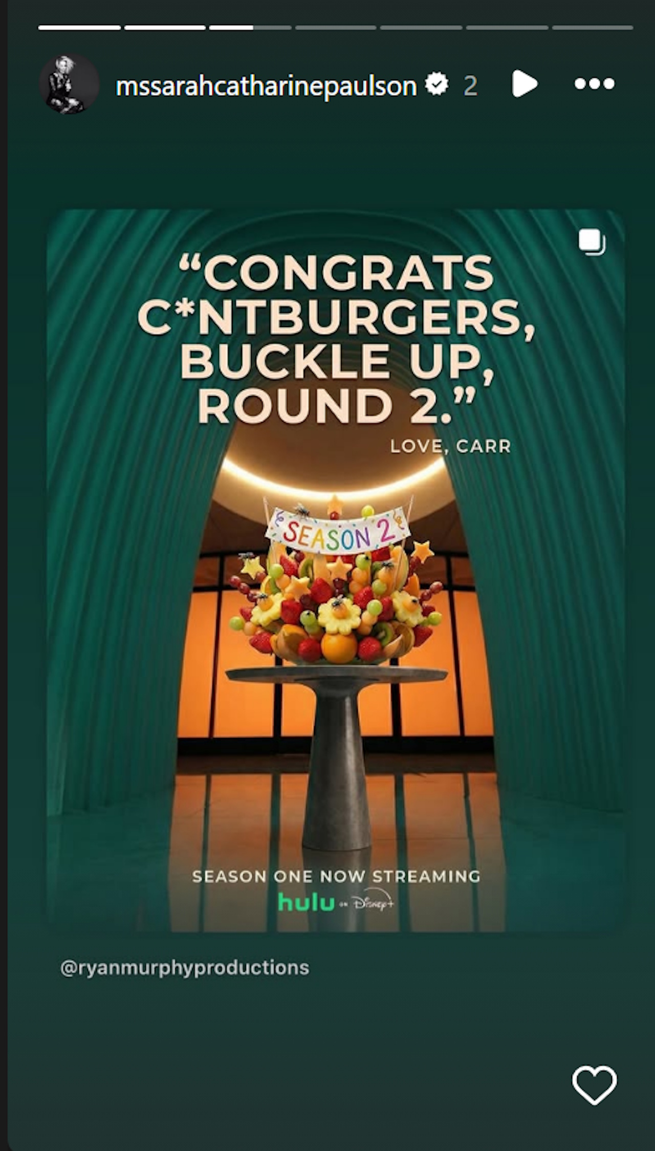 Sarah Paulson posts an Instagram Story to celebrate the Season 2 renewal of All&#039;s Fair.