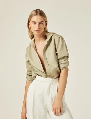 With Nothing Underneath, The Boyfriend Linen Shirt in Sage Green