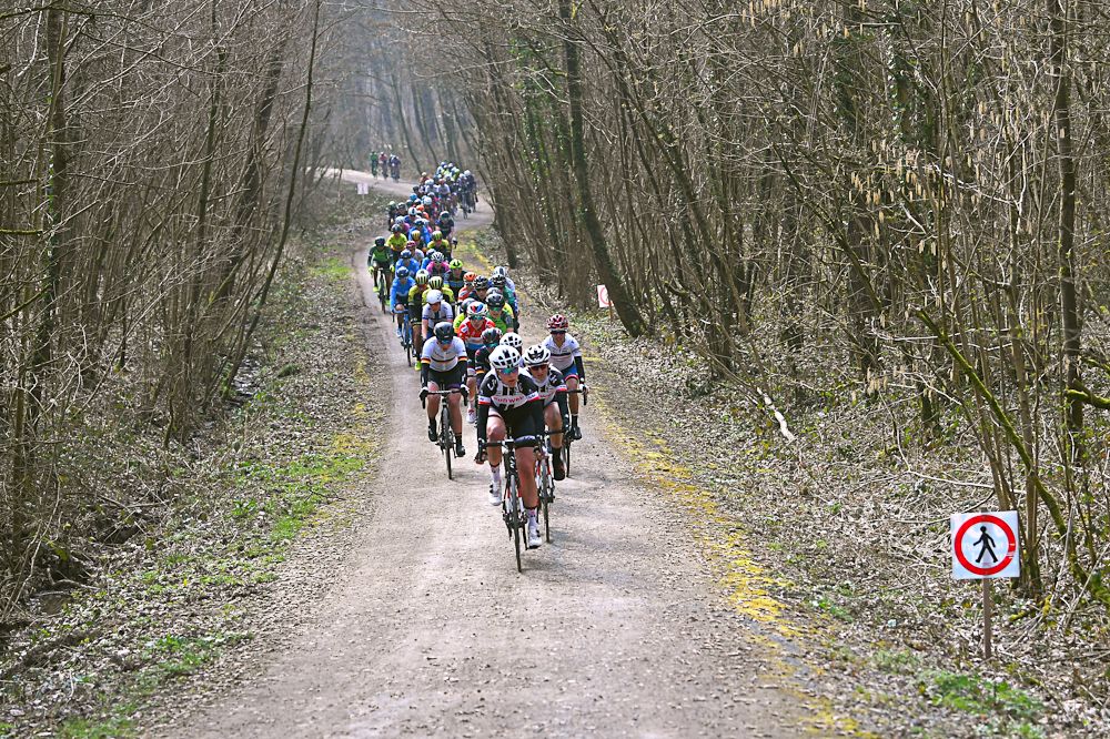 The 2018 Gent-Wevelgem women's peloton in the Belgian countryside