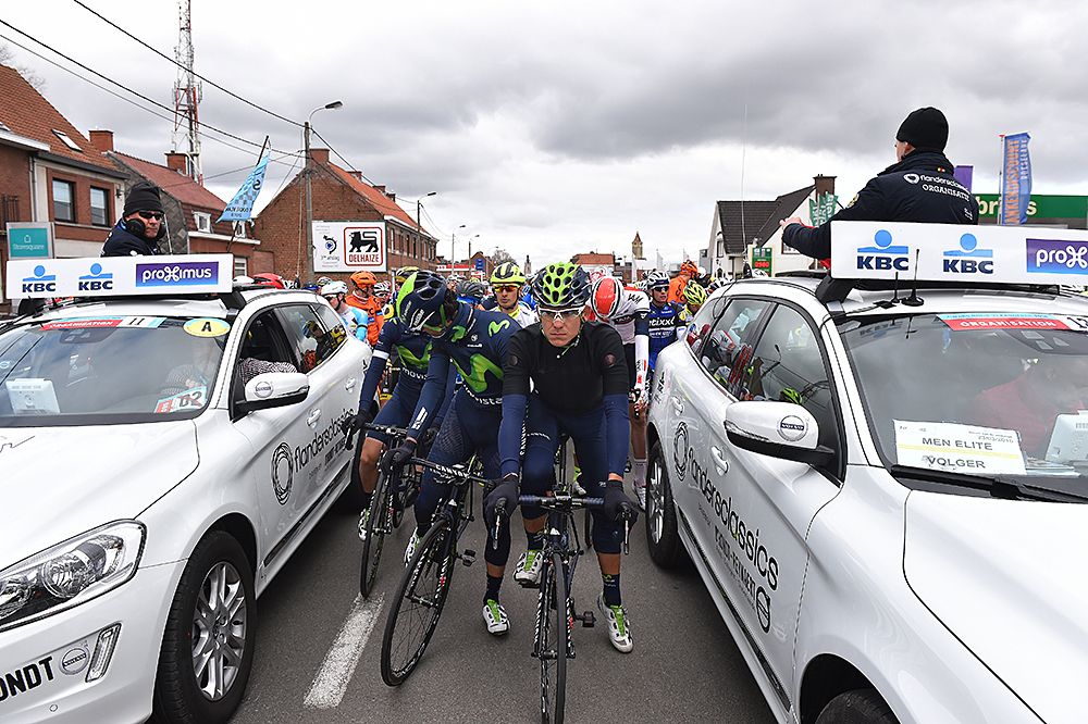 The small four-rider Movistar team makes it way to the start line