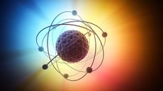 An illustration of an atom on a rainbow background, representing the world of quantum physics