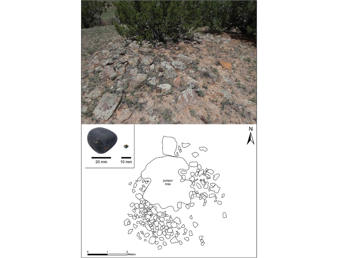 A photo of the remains of "herraduras" and a diagram showing their outline