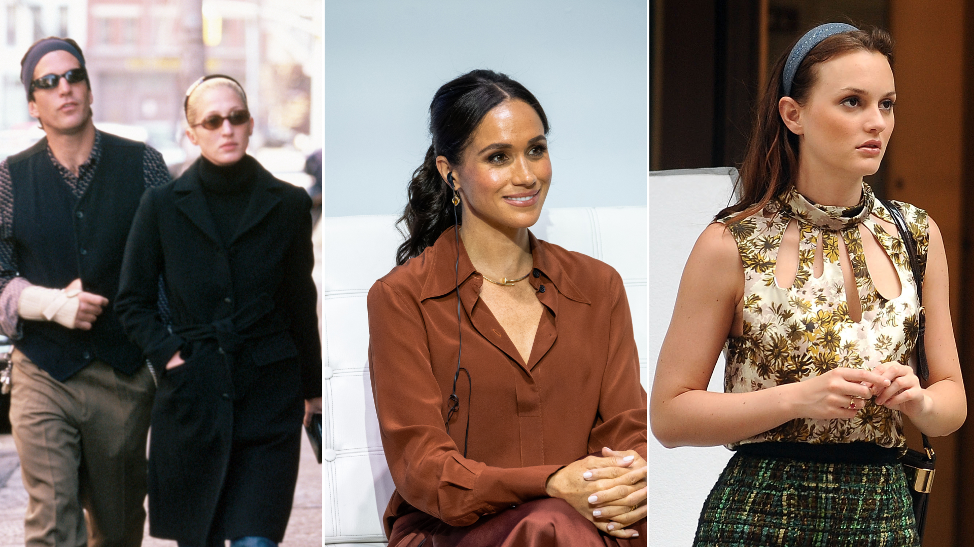 John F. Kennedy Jr. wears a black waistcoat and walks next to wife Carolyn Bessette-Kennedy who wears a black coat and black turtleneck sweater, Meghan Markle pictured center, and Blair Waldorf