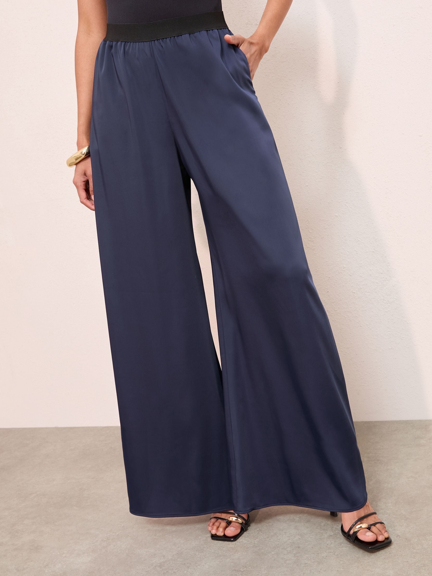 Friends Like These Navy Super Wide Leg Satin Trousers