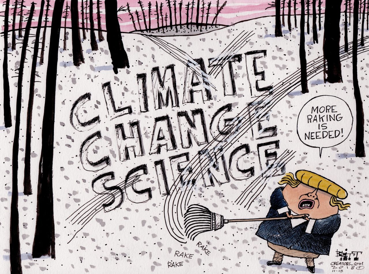 Political cartoon U.S. Trump climate change science denial Camp Fire raking