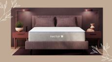 Nectar's Essential Hybrid mattress on a purple bed frame for w&h's Nectar mattress deals.