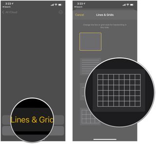 Access lines and grids from a new note in the Notes app on iPhone and iPad by showing tap Lines & Grids, tap the line or grid style you want