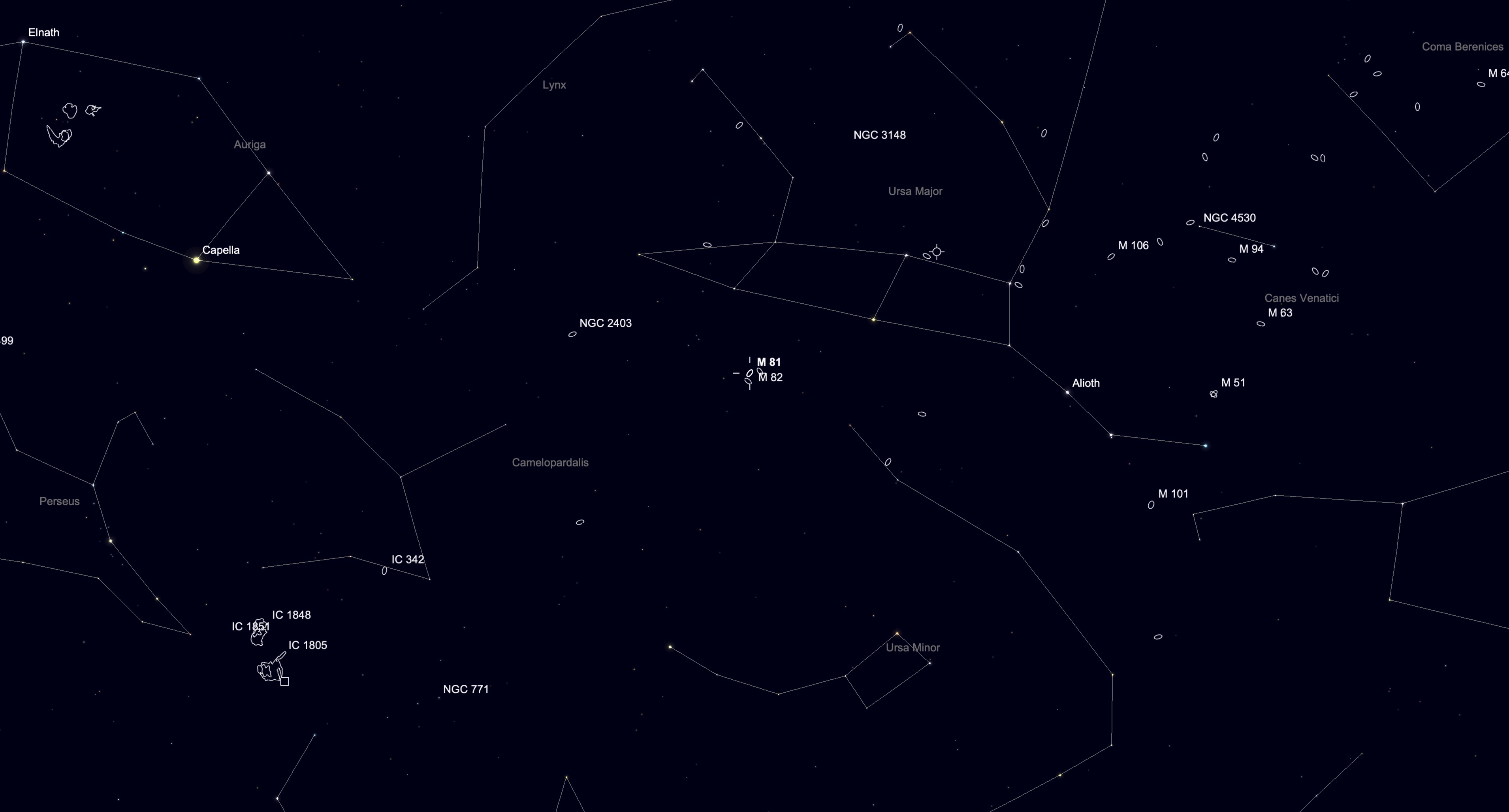 A simulation of the night sky for April 10 showing the the stars of major constellations connected by white lines in a black sky dotted with lesser stars. The locations of galaxies are also shown.