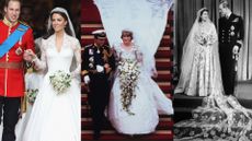 three wedding pictures showing the best Royal wedding dresses of all time, including Kate Middleton - Princess of Wales, Princess Diana and Queen Elizabeth