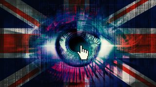 Composite image of digital eye and British flag