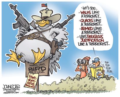 Editorial cartoon U.S. Oregon Wildlife Terrorism