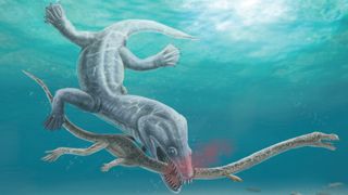An artist impression of a large marine predator biting the neck of a smaller animal with a very long neck