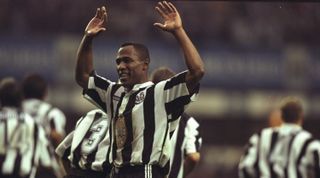 20 Oct 1996: Les Ferdinand of Newcastle United raises his arms aloft during an FA Carling Premiership match against Manchester United at St James'' Park in Newcastle, England. Newcastle won the match 5-0. \ Mandatory Credit: Ben Radford/Allsport