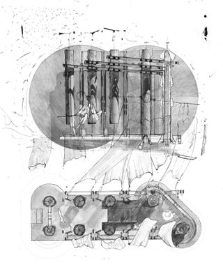 A sketch of a machine producing fabric.