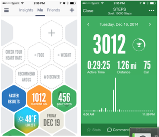 These screenshots from the Argus app show the honeycomb screen, and the step-count screen.