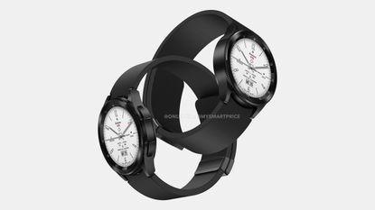 A render of the Samsung Galaxy Watch 6 Classic in black on an off-white background
