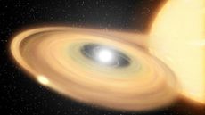 An illustration of a white dwarf star gobbling up matter from its sun-like companion