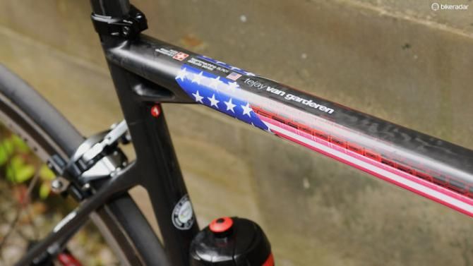 Every BMC rider's bike (and their spare bikes) has been decorated with their national flag for the Tour de France