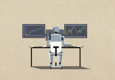 AI robot working at computer monitors with financial data