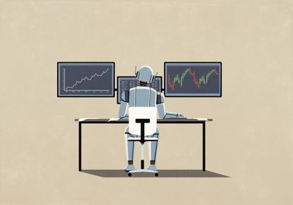 AI robot working at computer monitors with financial data