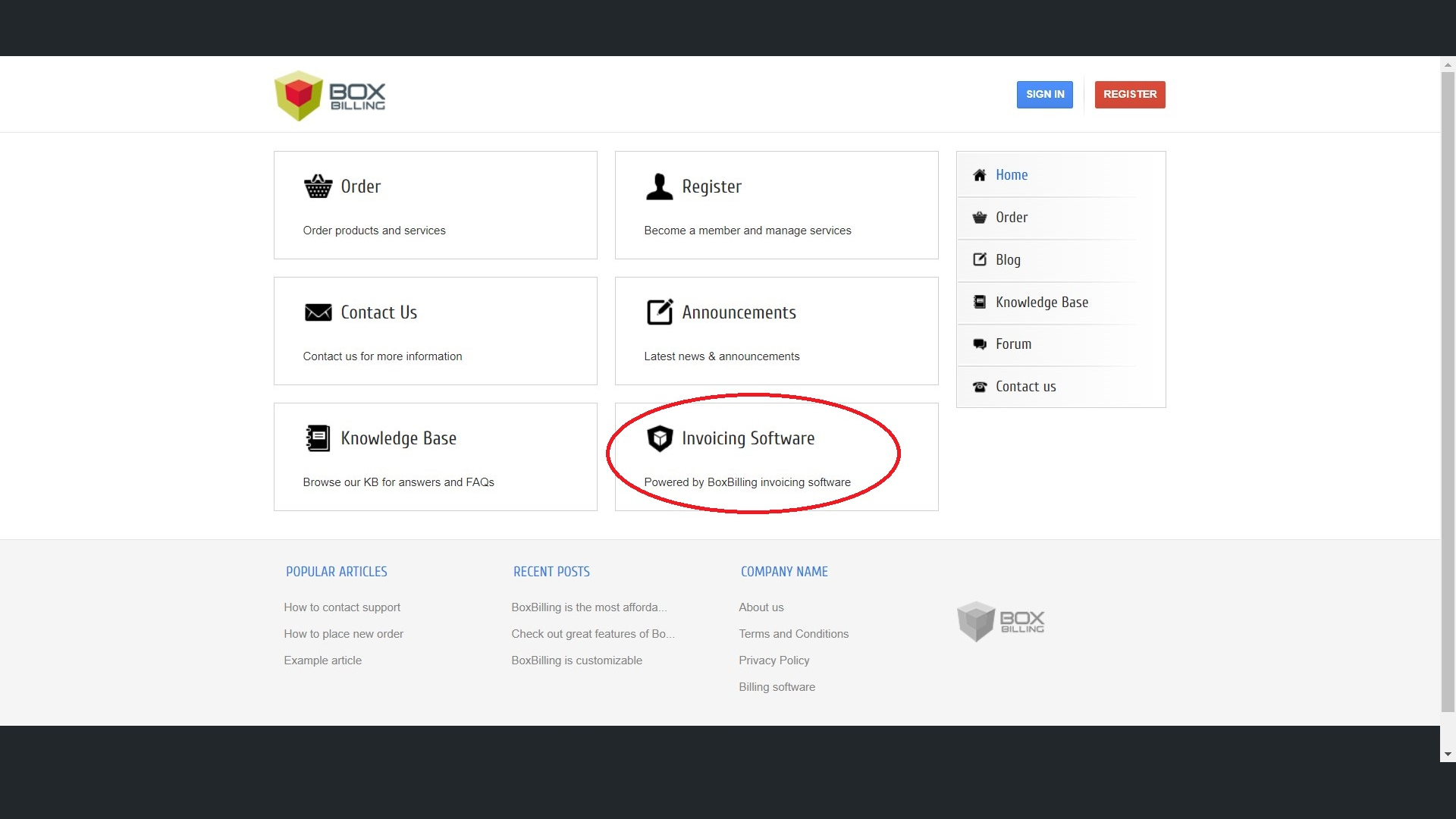 BoxBilling client homepage