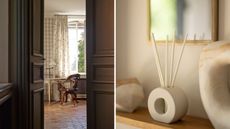 A split header image of an open door through to a spacious office with open window, floral white curtains, a white desk, wooden desk chair, and tiled floor, and the ScentAir reed diffuser sitting on a shelf between vases, with a gold-framed mirror above