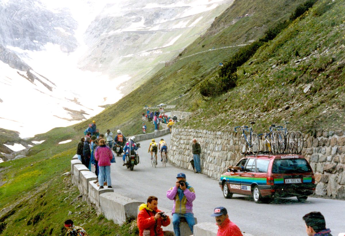 The riders head to the Stelvio