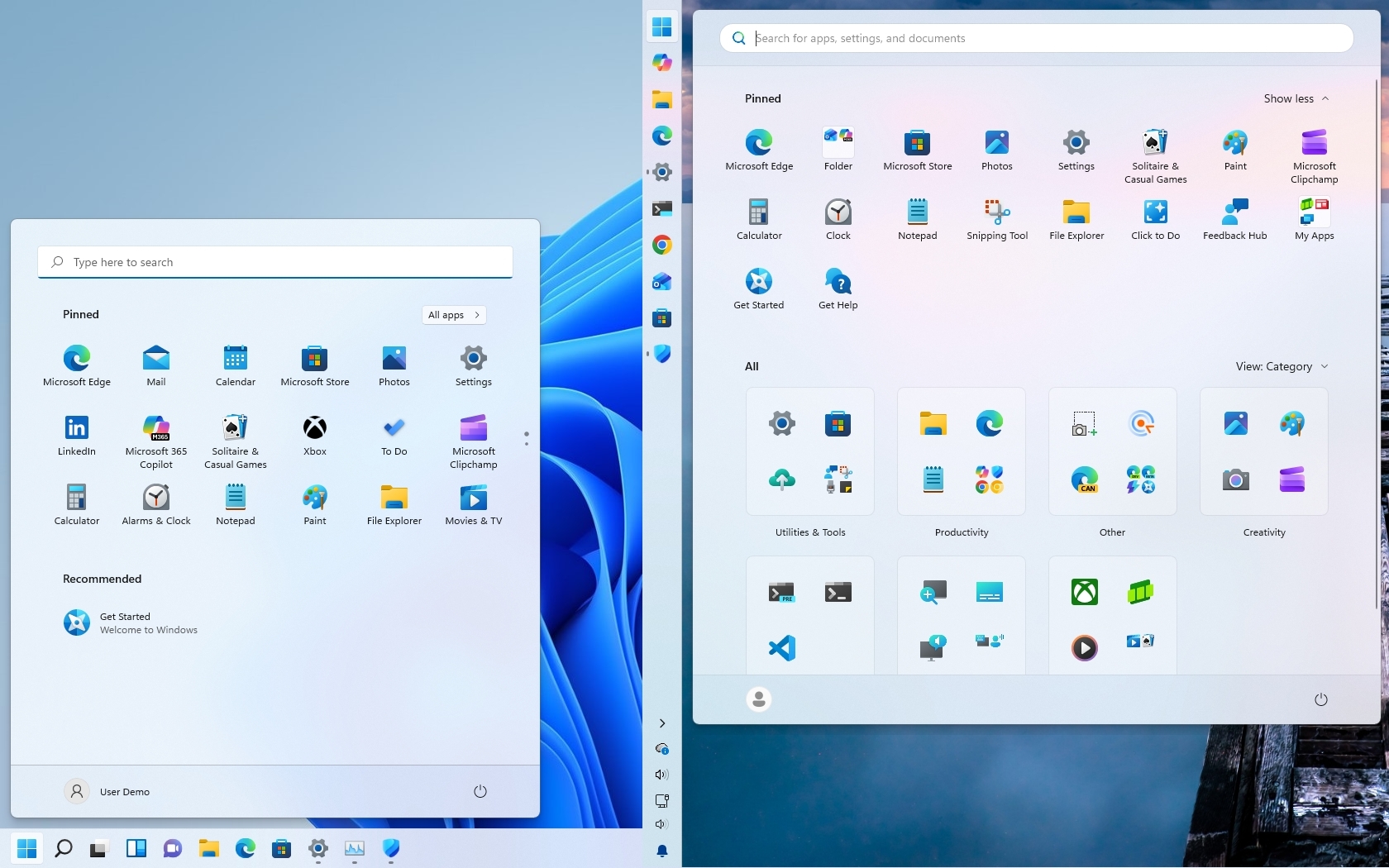 Windows 11 desktop showing the Start menu from 2021 and 2026.