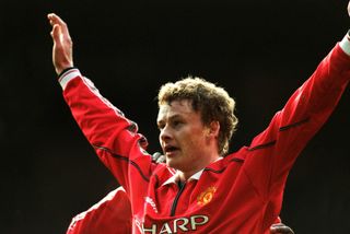 Ole Gunnar Solskjaer celebrates after scoring for Manchester United, 2000