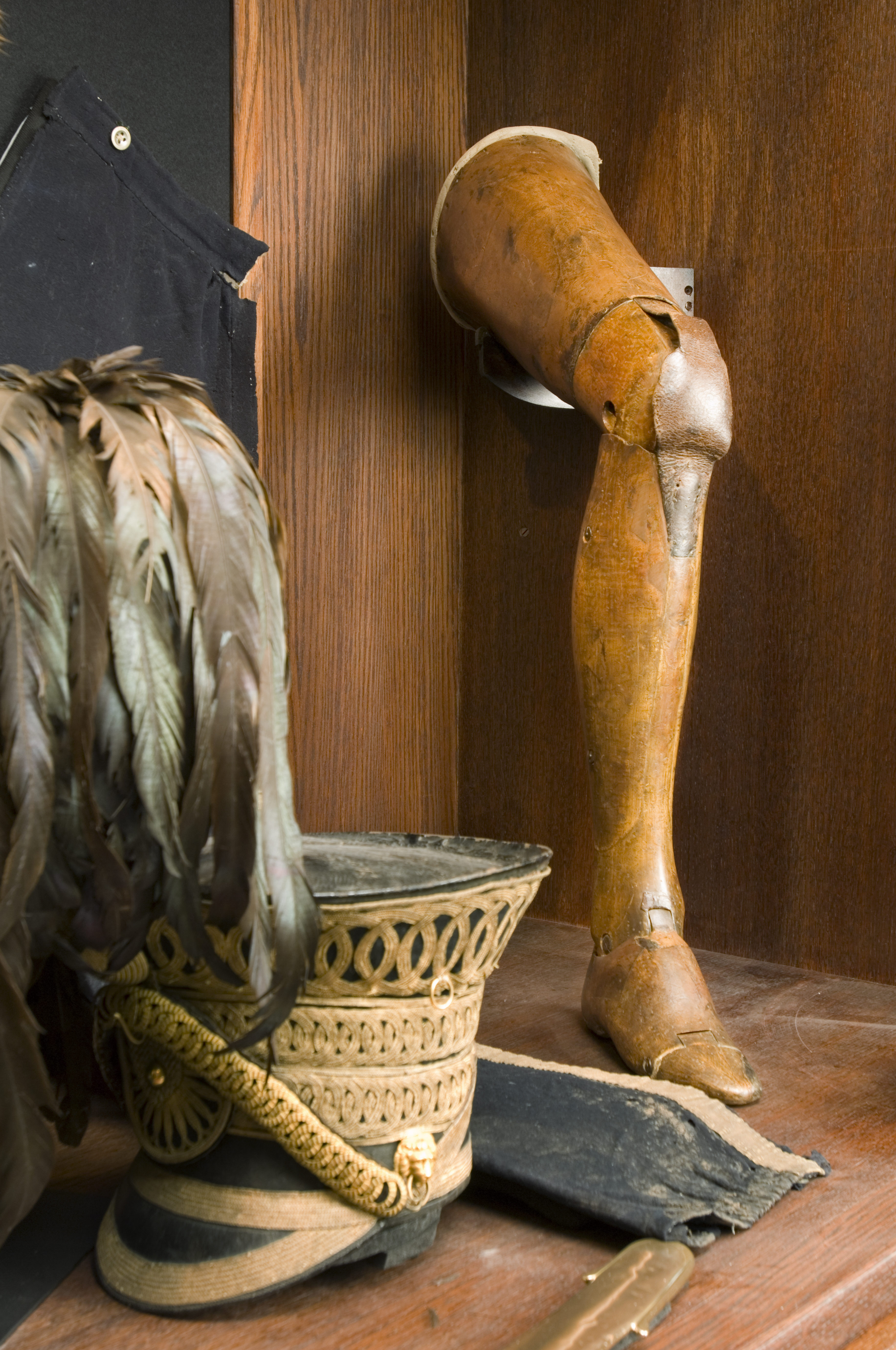 The Anglesey Leg, the world&#039;s first articulated wooden leg, in the Cavalry Museum at Plas Newydd, on the Isle of Anglesey, Wales. The 1st Marquess of Anglesey lost his leg in 1815 at the Battle of Waterloo and this artificial limb was designed by James Potts of Northumberland.