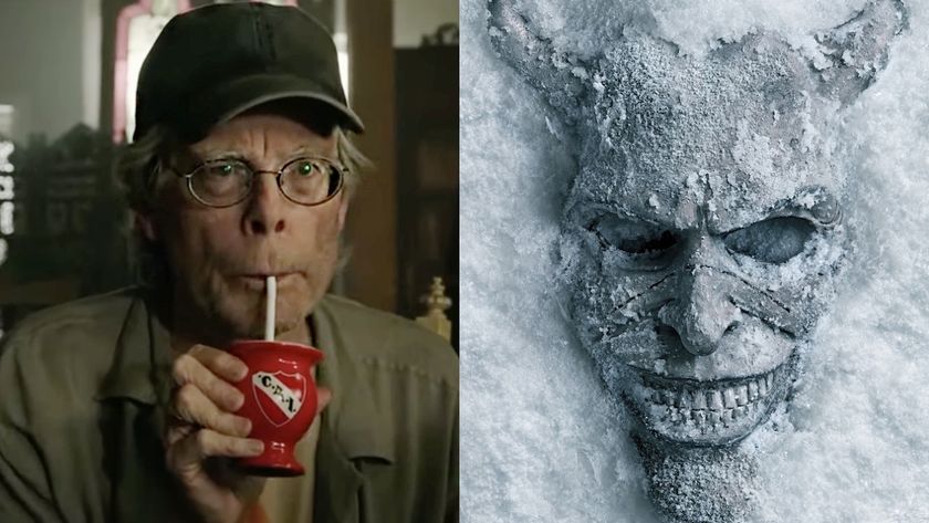 Side by side: Stephen King drinking juice in IT: Chapter 2; The Grabber&#039;s frozen mask in Black Phone 2 poster