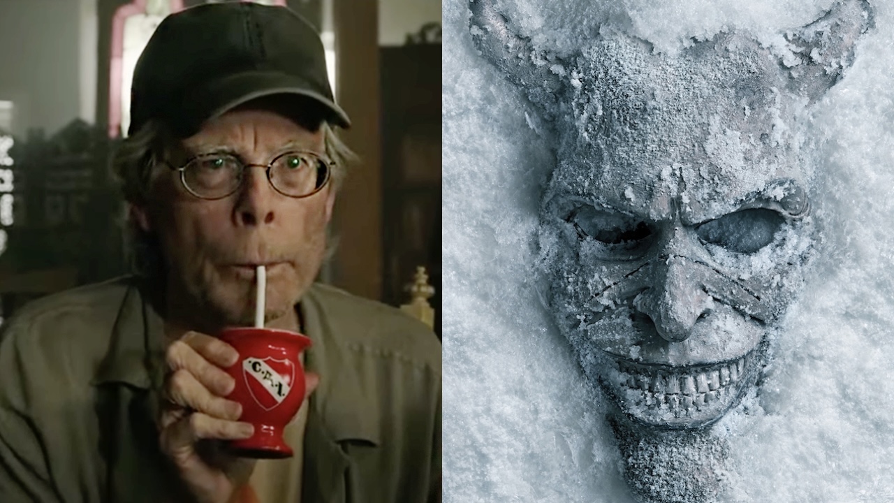 Side by side: Stephen King drinking juice in IT: Chapter 2; The Grabber's frozen mask in Black Phone 2 poster