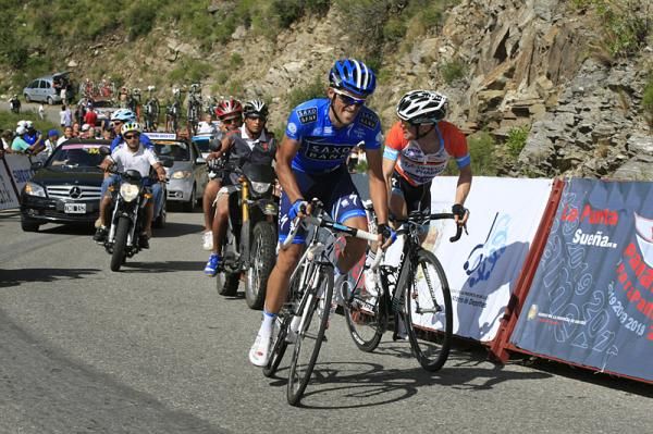 Alberto Contador attacks the final climb, followed closely by Levi Leipheimer