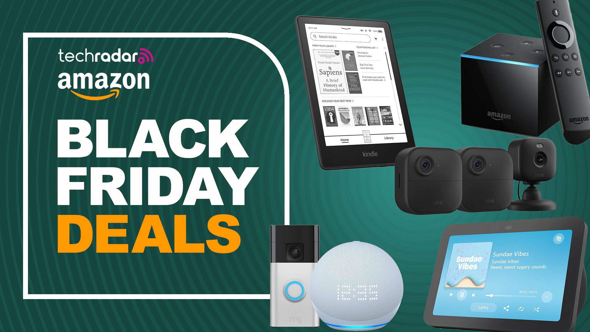A collection of Amazon devices on a green TechRadar Black Friday deals background